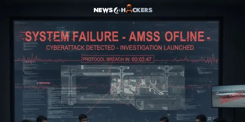 Cybersecurity control room alert showing “System Failure - AMSS Offline” message after a detected cyberattack, with countdown to protocol breach.