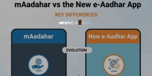 Illustration comparing the old mAadhaar app with the new e-Aadhaar app, showing UI changes and evolution by UIDAI.