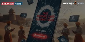 Illustration of a cracked smartphone screen reading “Fake Wedding Card Clickbait Virus” with multiple phones floating over a Rajasthan desert scene and people in turbans; “Breaking News” banner and News4Hackers logo visible.