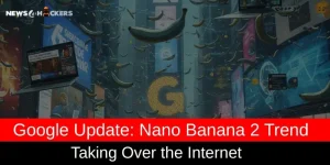 Digital artwork showing floating bananas around a large Google 'G' logo, representing the viral Nano Banana 2 trend taking over the internet.