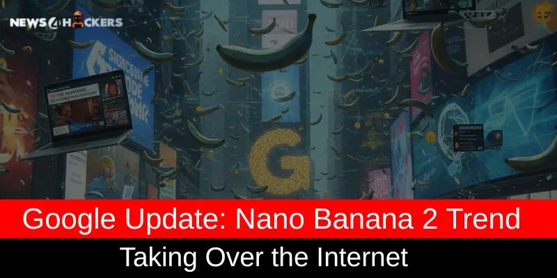 Digital artwork showing floating bananas around a large Google 'G' logo, representing the viral Nano Banana 2 trend taking over the internet.