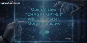 A futuristic digital screen showing robotic hands interacting with a holographic interface displaying the text “OpenAI says ‘CHAGPT GPT-5.1’ Will Be Smarter, More Interactive