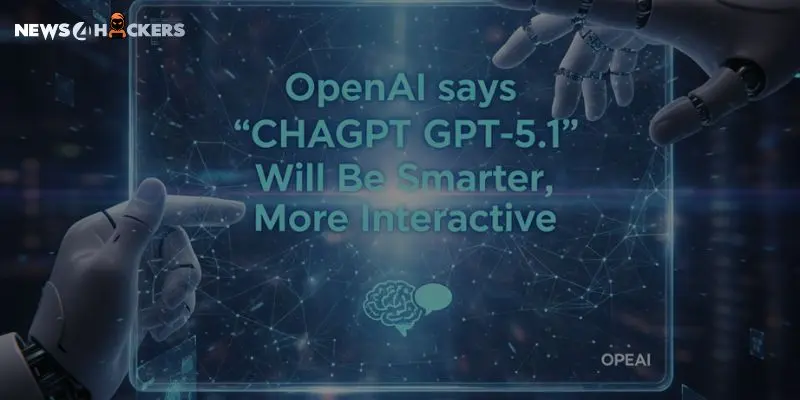 A futuristic digital screen showing robotic hands interacting with a holographic interface displaying the text “OpenAI says ‘CHAGPT GPT-5.1’ Will Be Smarter, More Interactive