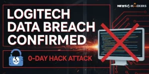 Graphic announcing a confirmed Logitech data breach, featuring bold text, a crossed-out computer screen with code, and a skull-padlock icon indicating a 0-day hack attack.