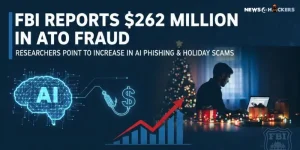 Graphic showing AI phishing, rising fraud statistics, and a person using a laptop during the holiday season with text: “FBI Reports $262 Million in ATO Fraud