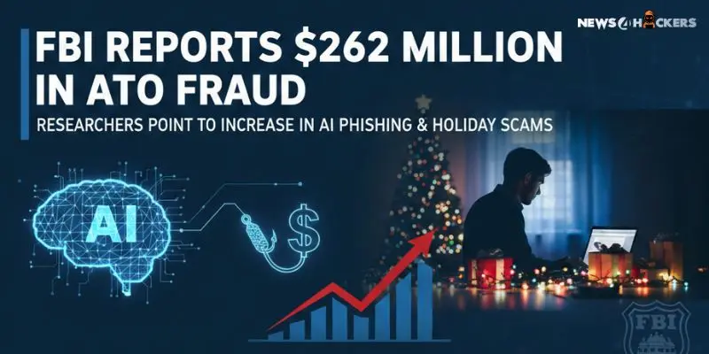 Graphic showing AI phishing, rising fraud statistics, and a person using a laptop during the holiday season with text: “FBI Reports $262 Million in ATO Fraud