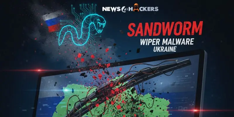 Illustration of Sandworm wiper attack — a neon snake and Russian flag hover above a shattered laptop screen showing a green map of Ukraine as data cables explode.
