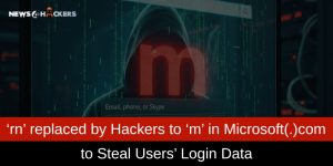 Cybersecurity warning graphic showing a phishing attack where hackers modify the Microsoft login domain by replacing ‘rn’ with ‘m’ to trick users into entering their credentials.