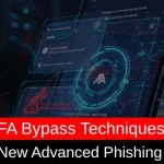 Futuristic cybersecurity interface on a screen with a headline about AI-powered phishing kits using MFA bypass techniques.