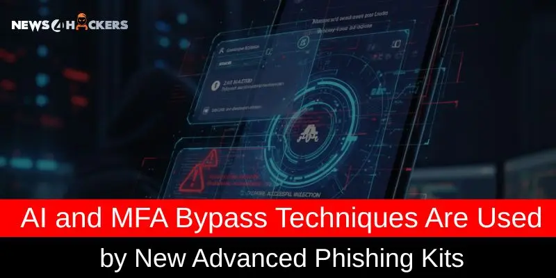 Futuristic cybersecurity interface on a screen with a headline about AI-powered phishing kits using MFA bypass techniques.