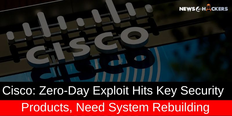 Cisco logo with headline about a zero-day exploit affecting key Cisco security products and requiring system rebuilding