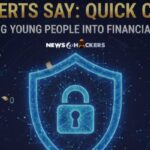 Digital illustration of a glowing shield with a padlock, surrounded by data symbols, with text warning that quick cash is pulling young people into financial crime.