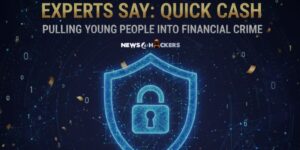 Digital illustration of a glowing shield with a padlock, surrounded by data symbols, with text warning that quick cash is pulling young people into financial crime.