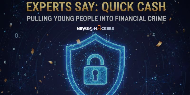 Digital illustration of a glowing shield with a padlock, surrounded by data symbols, with text warning that quick cash is pulling young people into financial crime.