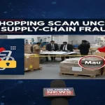Online shopping scam investigation revealing a major supply chain fraud in Mau, Uttar Pradesh, with seized goods, officials inspecting packages, and a highlighted map location.