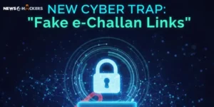 Digital illustration showing a glowing padlock and warning message about fake e-Challan links used in online cyber scams.