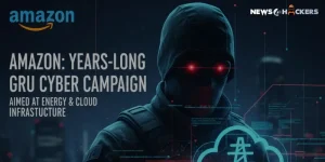 hooded hacker with glowing red eyes targeting Amazon cloud and energy infrastructure in a long-running GRU cyber espionage campaign.