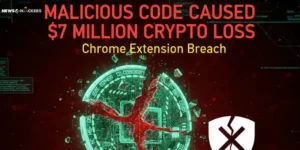 Malicious code in a Chrome extension causing $7 million cryptocurrency loss, showing a cracked digital coin and cybersecurity breach warning