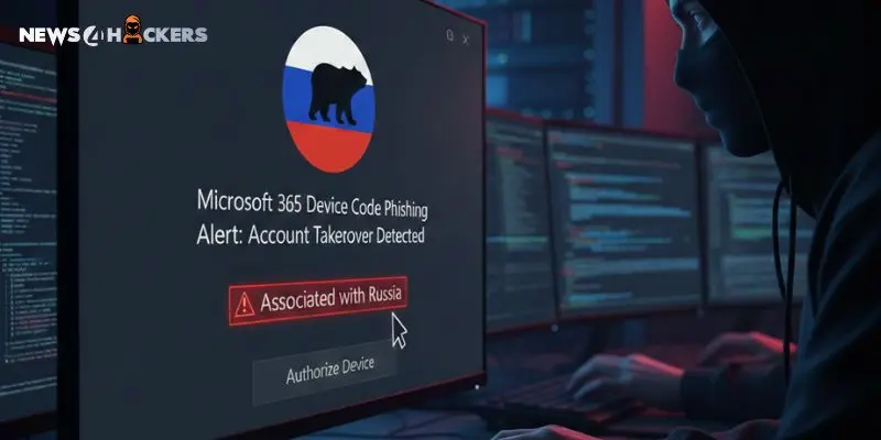 Hooded figure at a computer with a monitor showing a “Microsoft 365 Device Code Phishing” alert and an Authorize Device