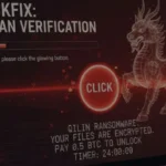 Fake ClickFix human verification screen showing a red “Click” button and Qilin ransomware message demanding Bitcoin payment