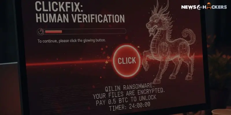 Fake ClickFix human verification screen showing a red “Click” button and Qilin ransomware message demanding Bitcoin payment