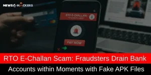 A smartphone screen displaying a fake RTO e-challan payment alert with a “Pay Now” button, indicating an online scam involving malicious APK files.