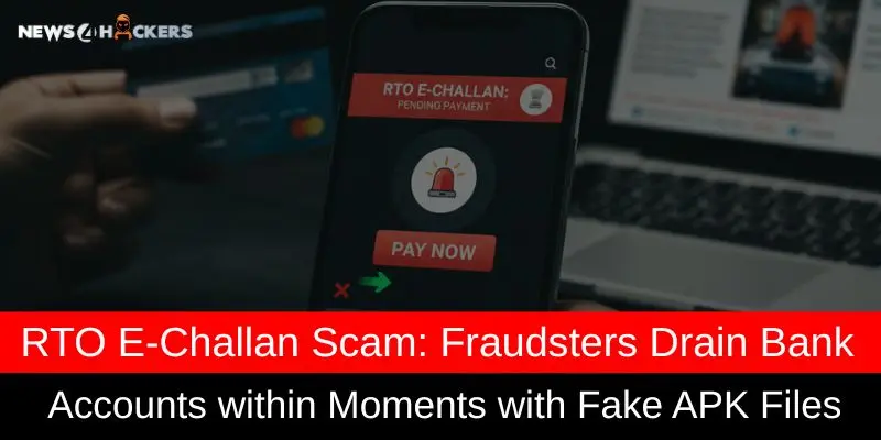 A smartphone screen displaying a fake RTO e-challan payment alert with a “Pay Now” button, indicating an online scam involving malicious APK files.