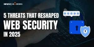 Cybersecurity-themed banner showing a person typing on a keyboard with icons of a password, lock, and shield, highlighting the five major threats that transformed web security in 2025.