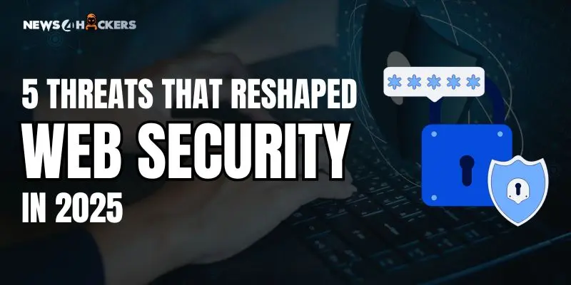 Cybersecurity-themed banner showing a person typing on a keyboard with icons of a password, lock, and shield, highlighting the five major threats that transformed web security in 2025.