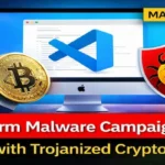 GlassWorm malware campaign illustration showing an iMac compromised by trojanized crypto wallets, Visual Studio Code logo, Bitcoin coin, hardware wallet, and malware alert shield.