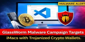 GlassWorm malware campaign illustration showing an iMac compromised by trojanized crypto wallets, Visual Studio Code logo, Bitcoin coin, hardware wallet, and malware alert shield.