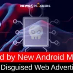 An AI-driven Android malware clicking on disguised web advertisements, symbolized by a glowing skull and digital connections.
