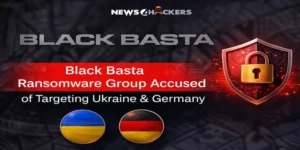 Image showcasing the Black Basta Ransomware Group accused of targeting Ukraine and Germany, featuring flags of both countries and a lock symbol representing cybersecurity.