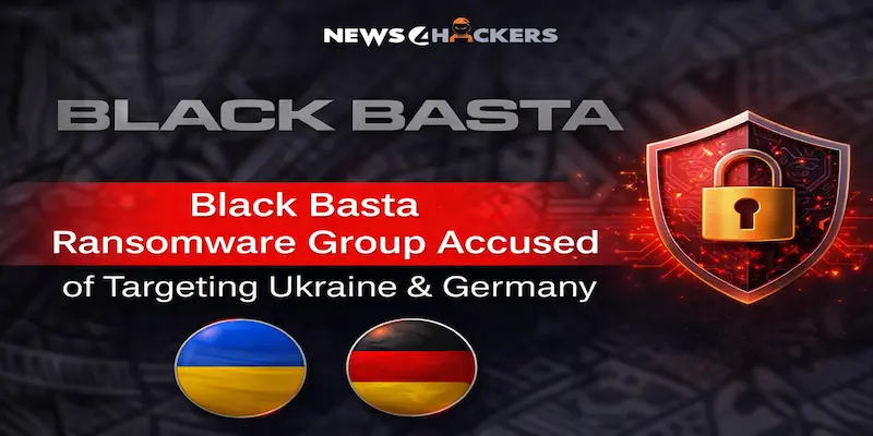 Image showcasing the Black Basta Ransomware Group accused of targeting Ukraine and Germany, featuring flags of both countries and a lock symbol representing cybersecurity.