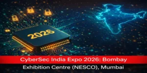 Promotional image of the CyberSec India Expo 2026, featuring a digital map of India and a microprocessor with "2026" in glowing digits, with event details displayed at the bottom.