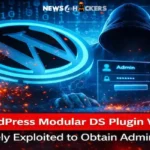 Severe WordPress Modular DS plugin vulnerability actively exploited by hackers to gain admin access, shown with broken security chains and WordPress logo