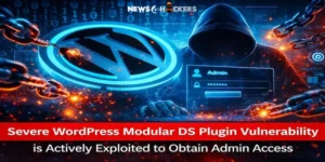 Severe WordPress Modular DS plugin vulnerability actively exploited by hackers to gain admin access, shown with broken security chains and WordPress logo
