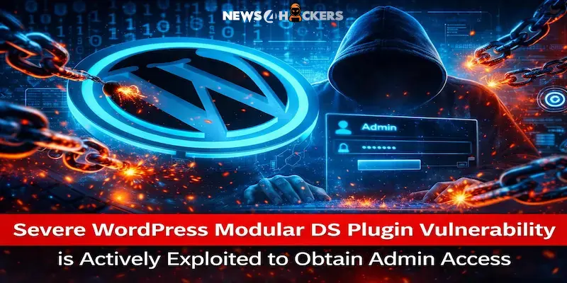 Severe WordPress Modular DS plugin vulnerability actively exploited by hackers to gain admin access, shown with broken security chains and WordPress logo