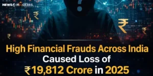 High financial frauds across India in 2025 causing a loss of ₹19,812 crore, illustrated with a hooded cybercriminal and digital financial data background.