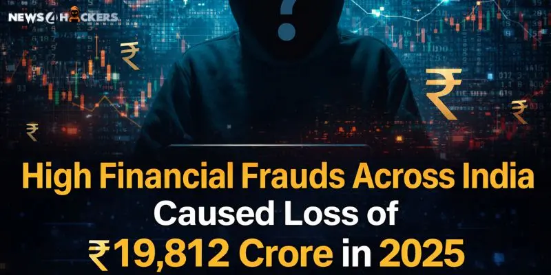 High financial frauds across India in 2025 causing a loss of ₹19,812 crore, illustrated with a hooded cybercriminal and digital financial data background.