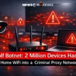 Kimwolf botnet attack visual showing hacked home WiFi router, laptop, and IoT devices connected to a criminal proxy network