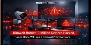 Kimwolf botnet attack visual showing hacked home WiFi router, laptop, and IoT devices connected to a criminal proxy network