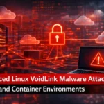 Advanced Linux VoidLink malware attack targeting cloud and container environments with compromised servers, warning alerts, and security lock icons.