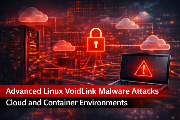 Advanced Linux VoidLink malware attack targeting cloud and container environments with compromised servers, warning alerts, and security lock icons.