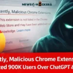 Malicious Chrome extensions exploiting ChatGPT and DeepSeek interfaces, showing a hacker figure, Chrome logo, and browser security warning about unsafe extensions