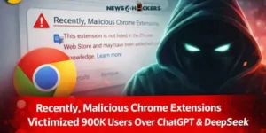 Malicious Chrome extensions exploiting ChatGPT and DeepSeek interfaces, showing a hacker figure, Chrome logo, and browser security warning about unsafe extensions