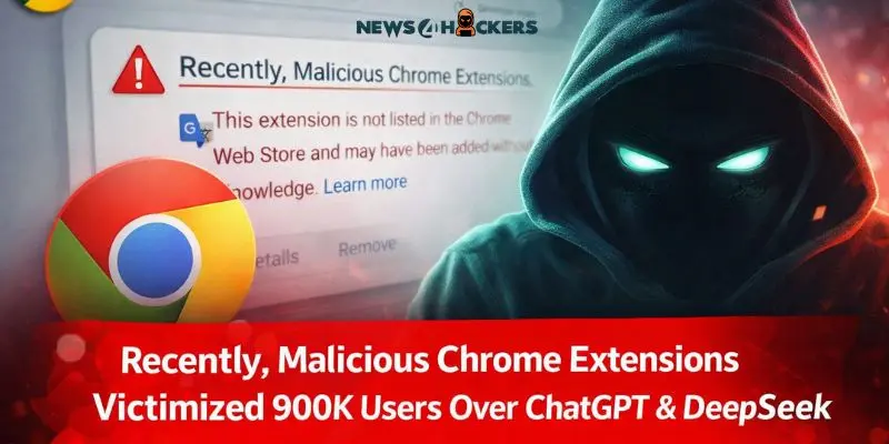 Malicious Chrome extensions exploiting ChatGPT and DeepSeek interfaces, showing a hacker figure, Chrome logo, and browser security warning about unsafe extensions