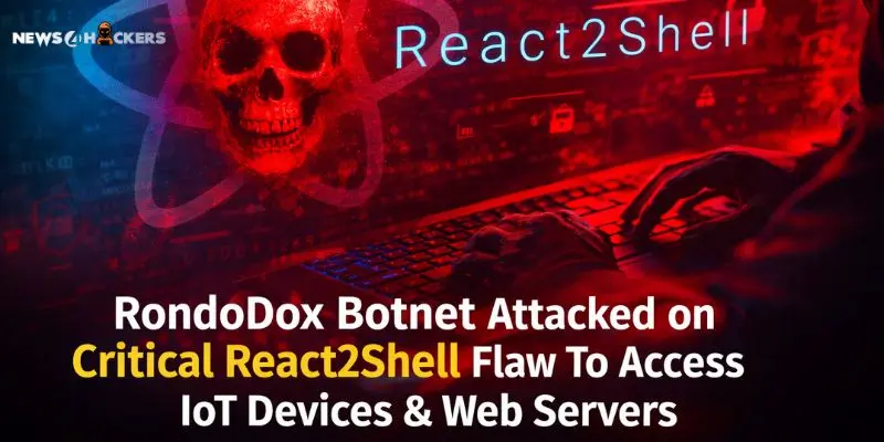RondoDox botnet attack exploiting the React2Shell vulnerability to compromise IoT devices and web servers, shown with hacker keyboard