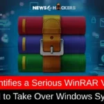 Illustration showing WinRAR archive books with a headline about a serious WinRAR vulnerability being used to take over Windows systems.