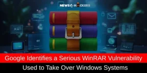 Illustration showing WinRAR archive books with a headline about a serious WinRAR vulnerability being used to take over Windows systems.